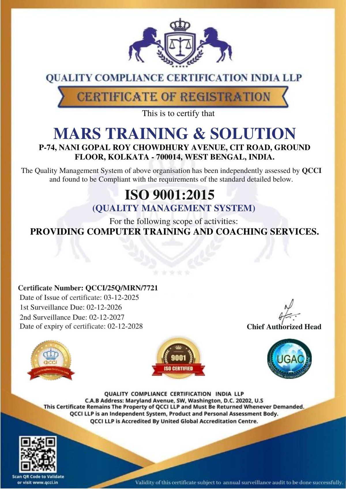 ISO 9001:2015 certificate of MARS Training & Solution, certificate number QCCI/25Q/MRN/7721